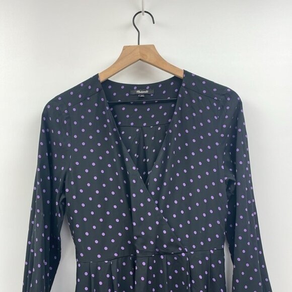 Madewell Polka Dot Surplice V-Neck Faux Wrap Midi Dress Black Purple Small - Picture 5 of 12